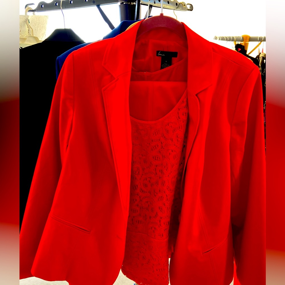 Lane Bryant red double weave stretch ankle pant (sz16) & suit jacket (sz 18).
